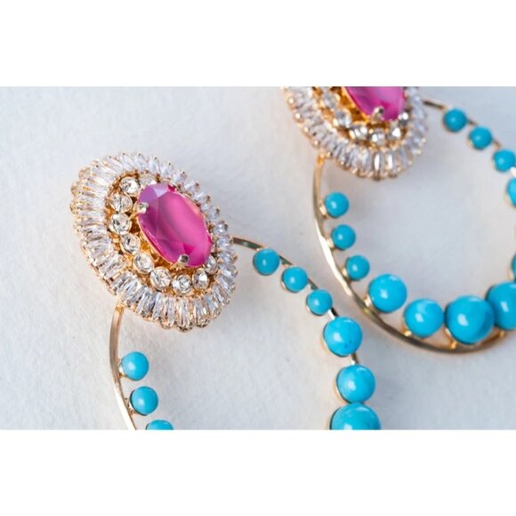 Anton Heunis Gem Cluster Hoop Earrings in Pink Blue Crystal & Gold New Womens - Picture 8 of 10
